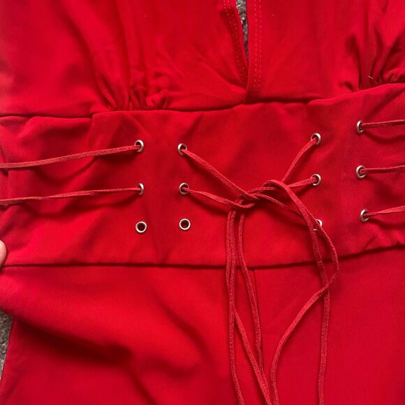 Vintage Y2K Hi Sense Halter Neck Flared Jumpsuit M Red Stretch Glam Festive - Picture 14 of 14